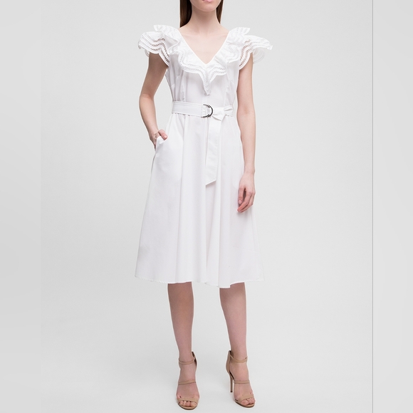 NW parosh CAKTUN RUFFLED NECK DRESS IN WHITE Size L - Picture 3 of 9